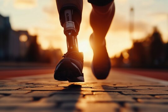 Inspiring Journey of an Athlete: Breaking Barriers with Prosthetic Leg Against Stunning Sunset Backdrop