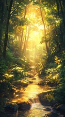 Obraz premium Golden Sunlight Illuminates Forest Stream Path