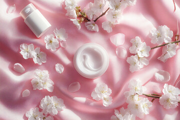 Asian beauty skincare products flat lay with cherry blossoms on pink silk for K-beauty