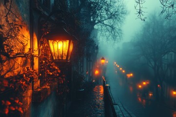 A single street light illuminates the foggy street at night, providing a sense of safety and guidance