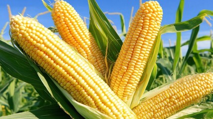 Fresh corn on the cob surrounded by green leaves under a clear blue sky.