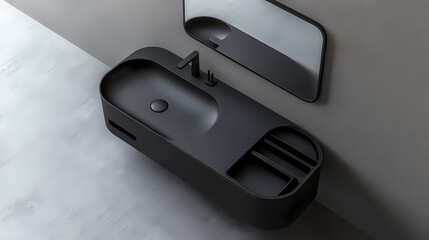 Contemporary luxury washbasin with matte black finish and integrated storage