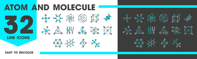 DNA, atom, chromosome molecule line icons, vector science, chemistry and physics, biology and medicine. Outline molecular structure symbols of DNA helix, cells, chromosomes, atom with electron orbits