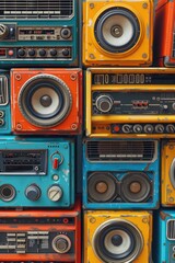 Fototapeta premium Old fashioned radios piled up, various models and styles