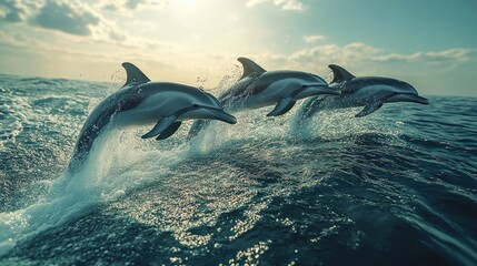 Naklejka premium Three dolphins leaping through ocean waves under a bright sky.