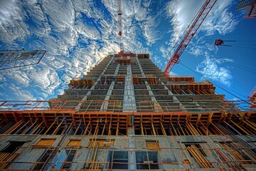 A photo of a tall building under construction against a blue sky, great for use in presentations, reports or as a design element