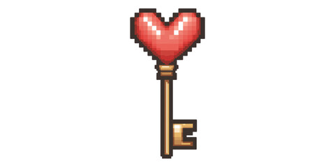 Pixel art heart-shaped key symbol isolated on transparent background