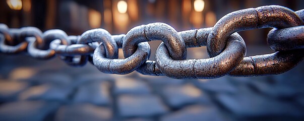 Close-Up Image of Metal Chain Links with Detailed Texture and Depth of Field in Atmospheric Lighting Setting