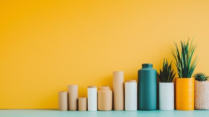 Minimalistic decor with paper rolls and plants on yellow background