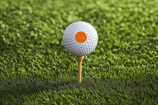 White golf ball on a tee in a sunny field, perfect for summer sports themes. Customize for recreation and leisure concepts - Powered by Adobe