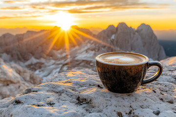 Cappuccino on mountain peak at sunrise.