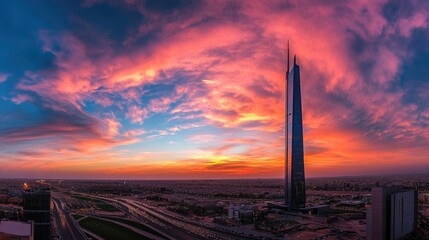 Fototapeta premium A panoramic picture of al faisaliah tower in the city of riyadh in the kingdom of saudi arabia at sunset, the towers and skyscrapers, the architectural art, the famous towers and landmarks of riyadh