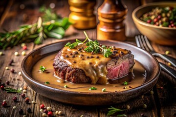 Indulge in Homemade Steak Au Poivre with Rich Pepper Sauce Served on a Rustic Wooden Table, Captured in Low Light for a Cozy Culinary Experience