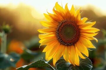 Obraz premium A bright yellow sunflower stands tall in a green field, surrounded by tall grasses and wildflowers