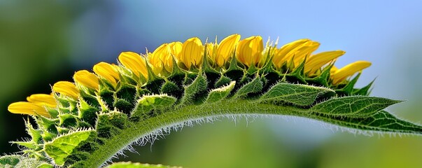 Curved Arrangement of Sunflower Petals Under Clear Blue Sky in Natural Setting