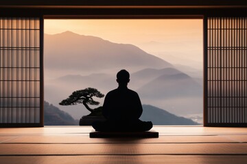 japanese zen garden, a peaceful alcove features a bonsai tree in soft lighting, with tatami mats and neutral walls creating a serene space
