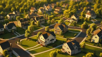 Aerial view of a suburban neighborhood at sunset.