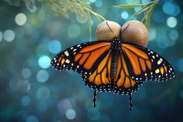 A monarch butterfly sits on top of a piece of fruit, showcasing its vibrant colors and delicate features