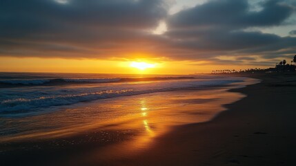 Obraz premium Vibrant sunset over ocean waves on sandy beach.