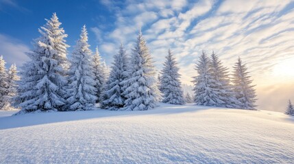Fototapeta premium A serene winter landscape with snow-covered trees under a bright sky.