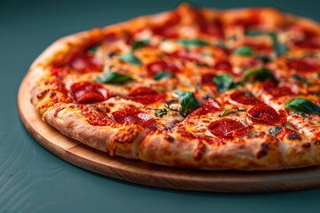 Freshly baked pepperoni pizza on a rustic wooden cutting board, perfect for a cozy dinner or snack