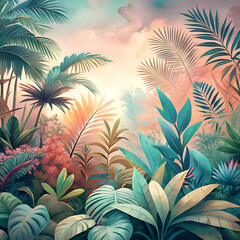 A vibrant tropical jungle scene with lush foliage and a soft. hazy sky.
