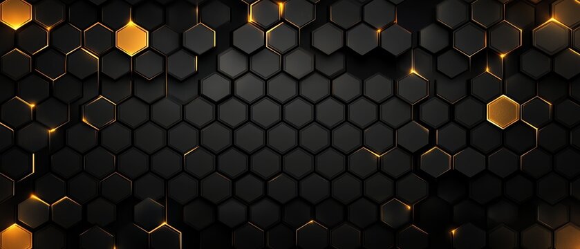 Black and gold background with a pattern of hexagons. The hexagons are illuminated with a golden glow