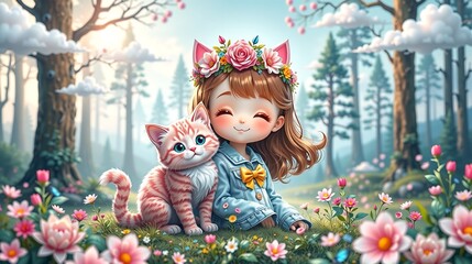 Kawaii girl with pink cat wearing flower crown in whimsical forest surrounded by pastel colors and fluffy clouds