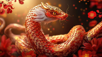 Fototapeta premium Celebrating chinese new year with a red and gold snake in an energy theme for good fortune