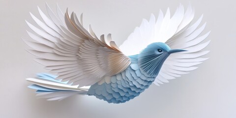 Obraz premium Majestic blue bird crafted from delicate paper, showcasing intricate layers and vibrant colors in a graceful flight above a soft backdrop