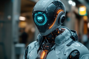 A close-up view of a person in a robot suit, highlighting the details and textures