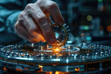 A person is focused on their work as they operate a machine, perhaps in a factory or laboratory setting