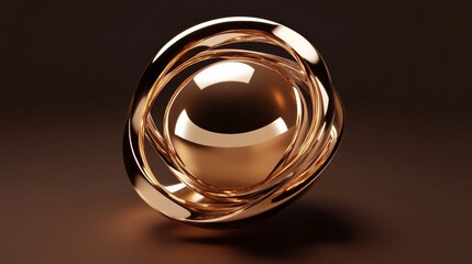Rose gold sphere with intertwined rings on dark background.