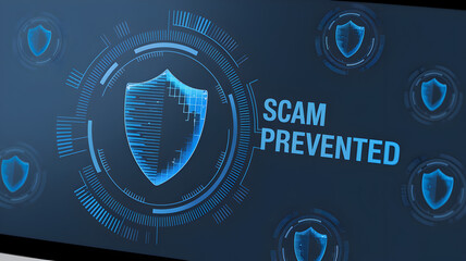 Obraz premium Spam call scam prevention concept. Digital shield graphic emphasizing scam prevention.