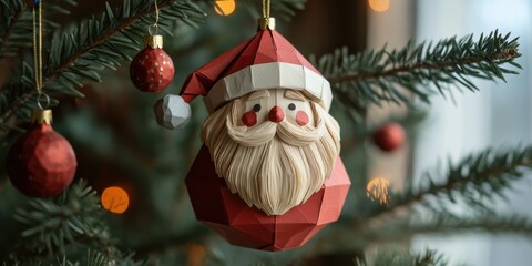 Obraz premium Delightful handmade Santa ornament adding festive spirit to a cozy Christmas tree decorated with lights and holiday cheer