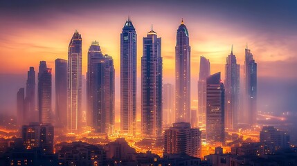 Fototapeta premium A stunning skyline of tall buildings illuminated at dusk, creating a vibrant cityscape.