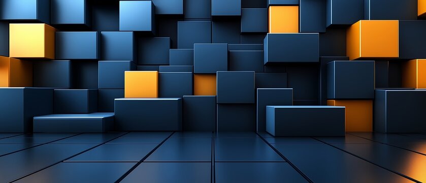 Blue and orange wall made of blocks. The blue blocks are stacked on top of each other and the orange blocks are placed in between the blue blocks. The wall is made of many blocks and has a modern