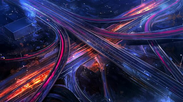 Highway interchange showing traffic flowing at night motion of cars through light trails urban feel of the infrastructure the image has a futuristic, dynamic atmosphere, bustling city