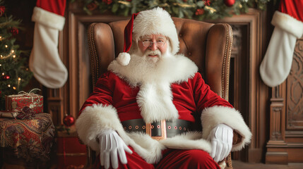Portrait of Santa Claus sitting in his chair with a kind face. Greeting card for Christmas, Santa Claus bringing gifts to all kids. 