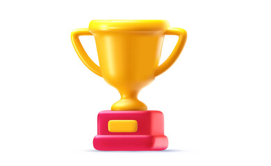 Vector realistic illustration of golden champion winner cup on white background. 3d cartoon style design of trophy cup icon, win reward. Winner prize, sport success award
