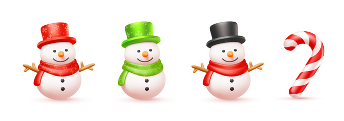 Vector christmas illustration of set of cute snowman with candy cane on white background. 3d cartoon style winter holiday design of different happy smile snowman and candy cane for Merry Christmas