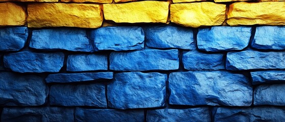 Blue and yellow brick wall with a blue stripe. The wall is made of stone and has a blue and yellow color scheme