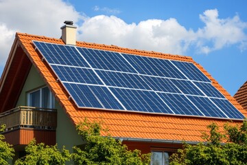 Fototapeta premium Bright Solar Panels Installed on a Modern House Roof Surrounded by Greenery Against a Clear Blue Sky with White Clouds in a Sustainable Energy Concept