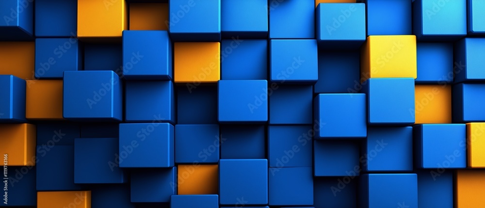 Poster blue and yellow wall made of blocks. the blocks are arranged in a pattern that creates a sense of de