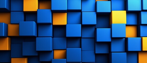 Blue and yellow wall made of blocks. The blocks are arranged in a pattern that creates a sense of depth and texture. The blue and yellow colors create a vibrant and energetic mood