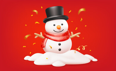 Vector christmas illustration of cute snowman on red background with golden confetti. 3d cartoon style winter holiday design of smile snowman in snow for Merry Christmas and Happy New Year banner