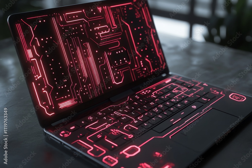 Poster futuristic laptop with an intricate red circuit board design illuminating the keyboard and screen ag