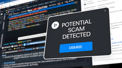 Spam call scam prevention concept. Potential scam alert on a computer screen with code in the background.