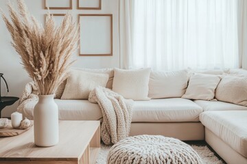 Cozy modern living room neutral color palette beige and white tones L shaped sectional sofa