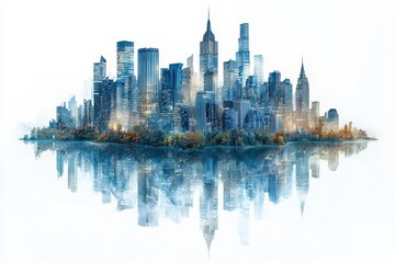 Majestic Futuristic Skyline with Mirror Reflection on White Background